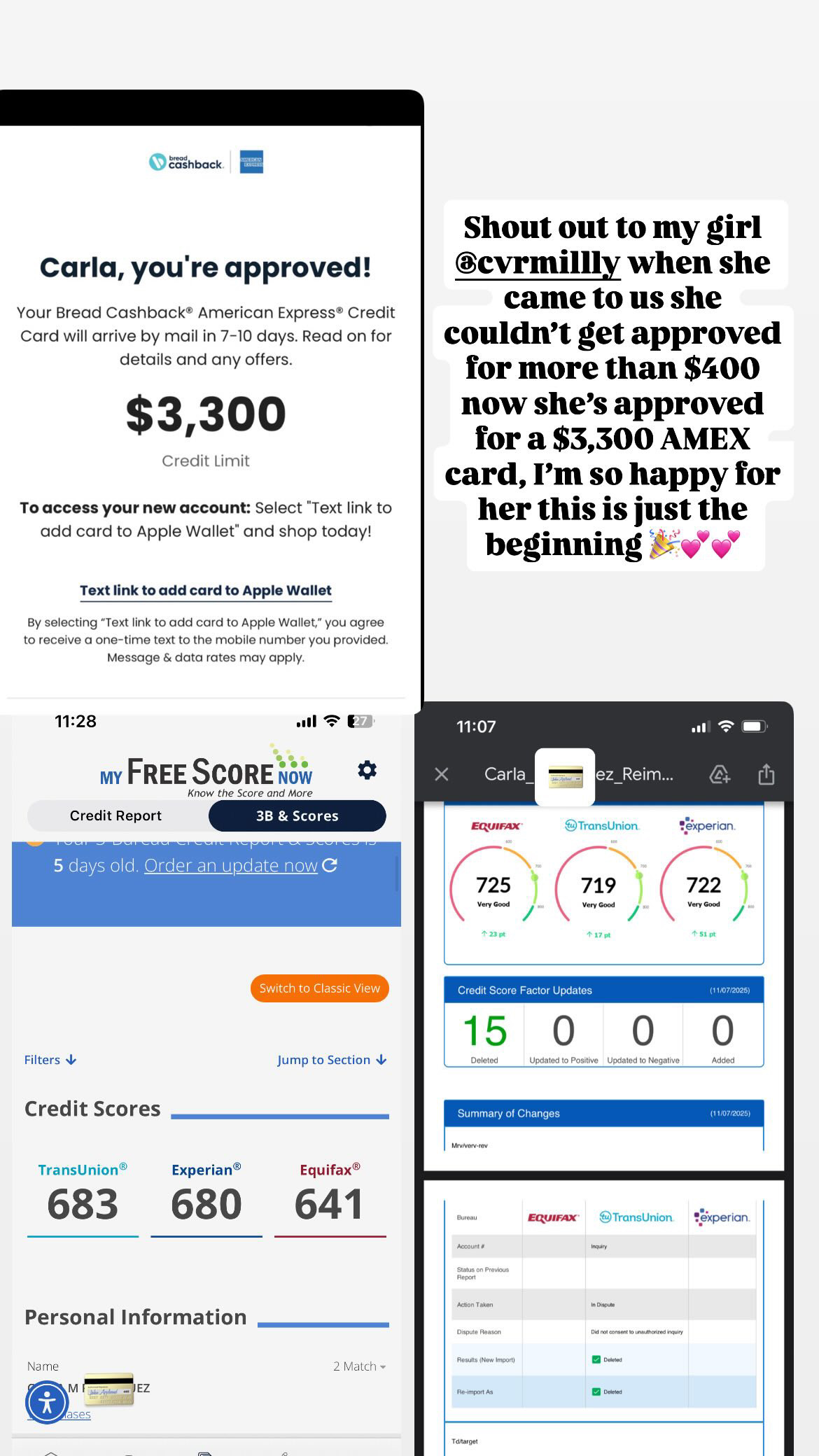 Carla approved for a $3,300 credit limit, scores up 33 points, 15 items deleted